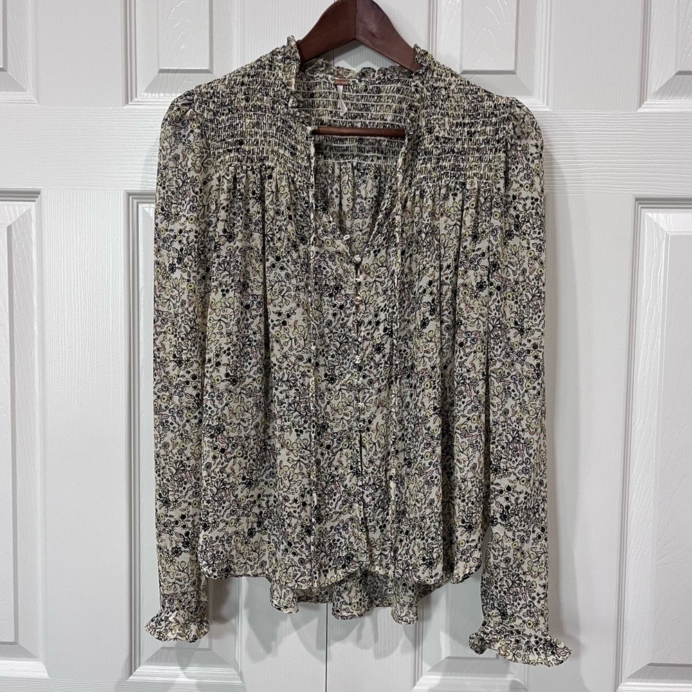 Free People Lela Tie Neck Floral Blouse Honeydew Size S